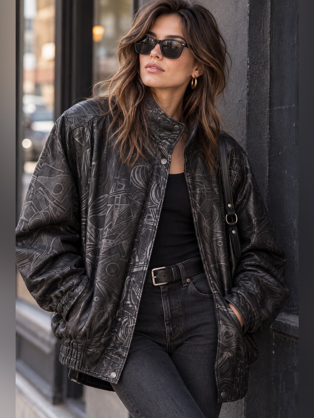 Vintage Genuine Lambskin Nappa Leather Abstract Print Bomber Jacket